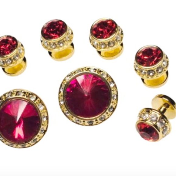 Red Faceted Synthetic Crystal Center / Clear Czech Crystals Rim Cufflinks Set